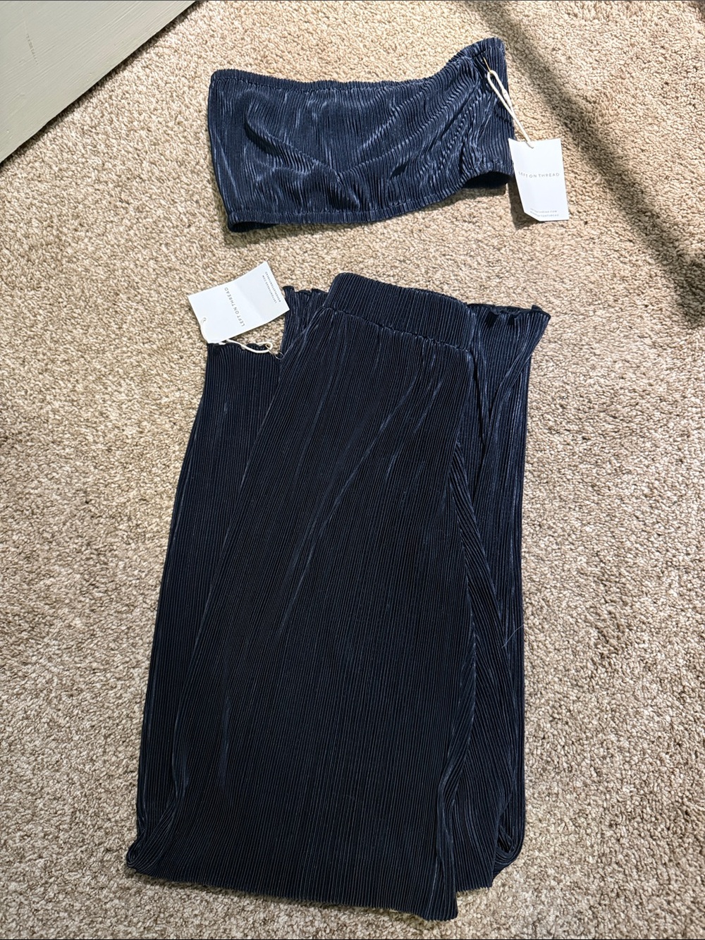 Two-Piece Navy Blue Pleated Jumpsuit Set - Unbranded